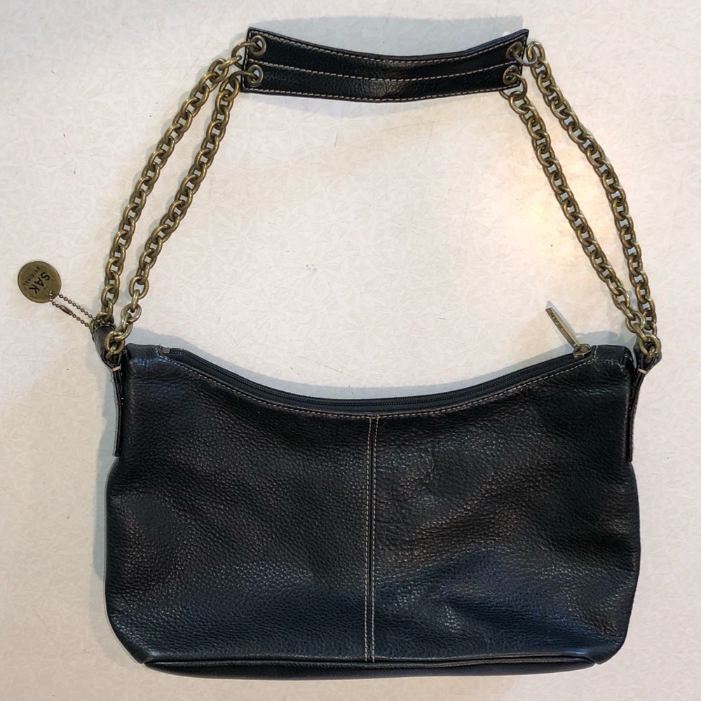The Sak Black Leather Shoulder Bag with Brass Chain Strap